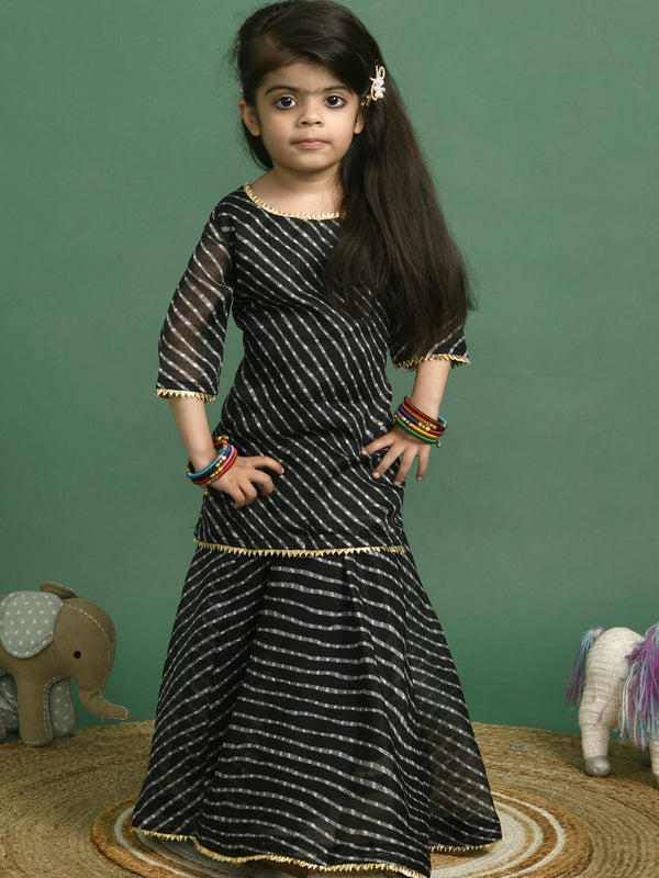Girls Black Leheriya Kota Doriya Kurta and Skirt Set