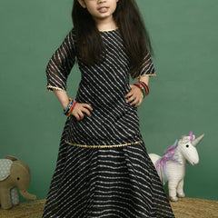Girls Black Leheriya Kota Doriya Kurta and Skirt Set