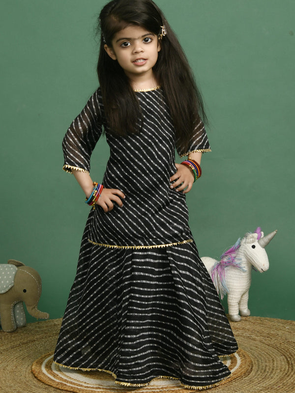 Girls Black Leheriya Kota Doriya Kurta and Skirt Set