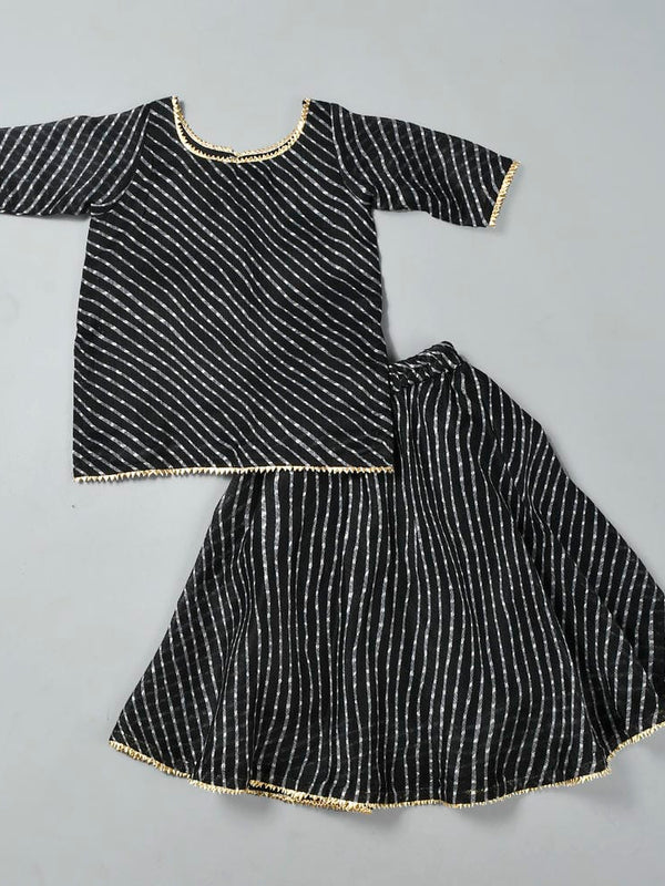 Girls Black Leheriya Kota Doriya Kurta and Skirt Set