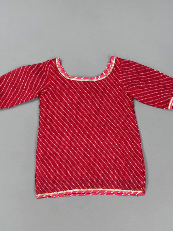 Girls Magenta Leheriya Kurta and Flared Skirt Set