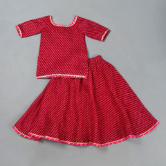 Girls Magenta Leheriya Kurta and Flared Skirt Set