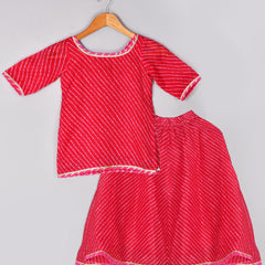 Girls Magenta Leheriya Kurta and Flared Skirt Set