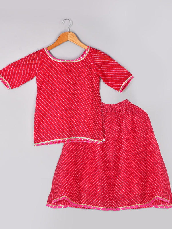 Girls Magenta Leheriya Kurta and Flared Skirt Set