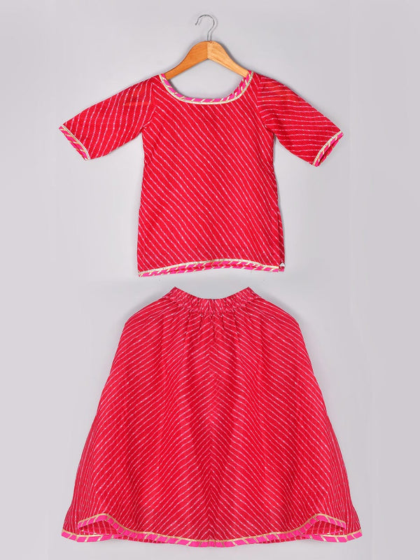 Girls Magenta Leheriya Kurta and Flared Skirt Set
