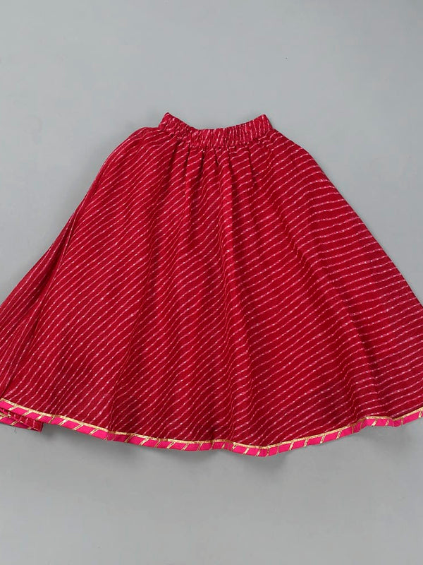 Girls Magenta Leheriya Kurta and Flared Skirt Set