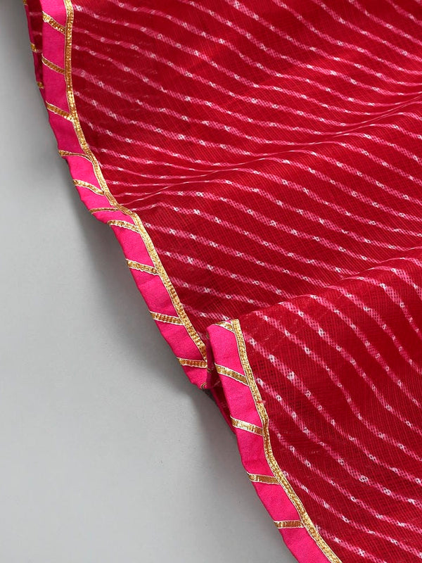 Girls Magenta Leheriya Kurta and Flared Skirt Set