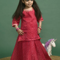 Girls Magenta Leheriya Kurta and Flared Skirt Set