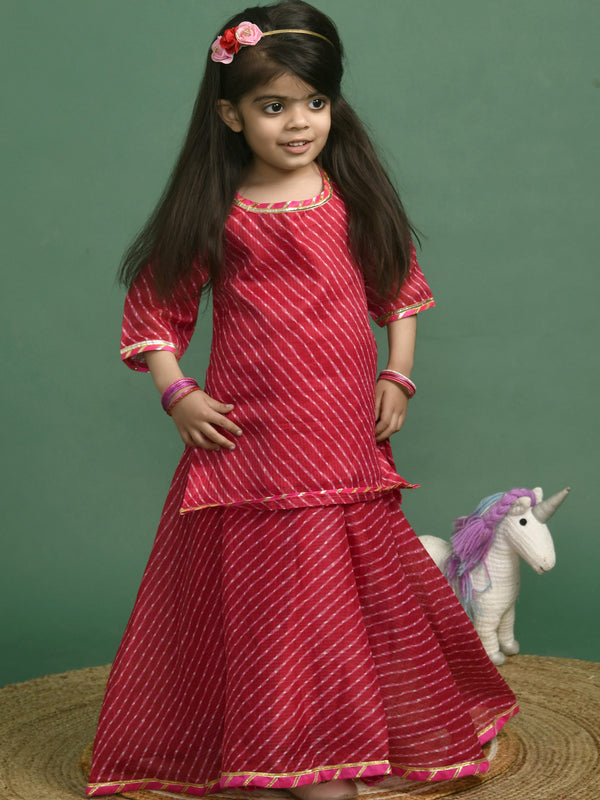 Girls Magenta Leheriya Kurta and Flared Skirt Set