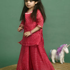 Girls Magenta Leheriya Kurta and Flared Skirt Set