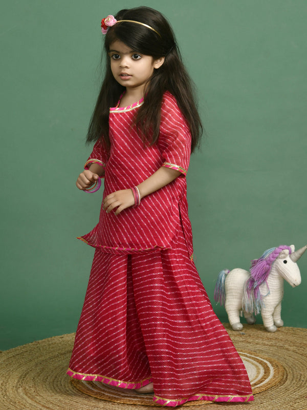 Girls Magenta Leheriya Kurta and Flared Skirt Set
