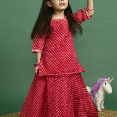 Girls Magenta Leheriya Kurta and Flared Skirt Set