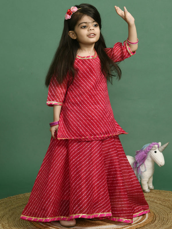 Girls Magenta Leheriya Kurta and Flared Skirt Set