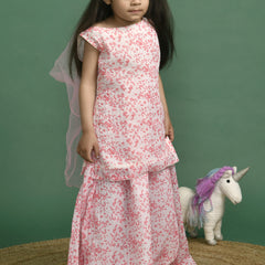 Girls White Polka Dot Sequin Kurta and Skirt Set