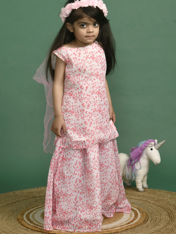 Girls White Polka Dot Sequin Kurta and Skirt Set