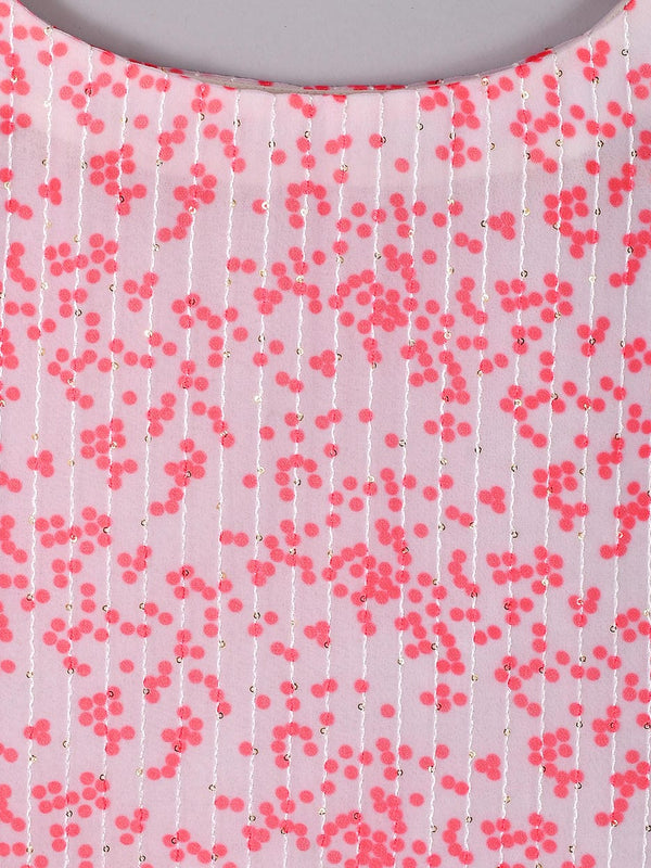 Girls White Polka Dot Sequin Kurta and Skirt Set