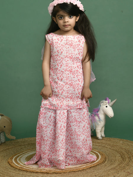 Girls White Polka Dot Sequin Kurta and Skirt Set