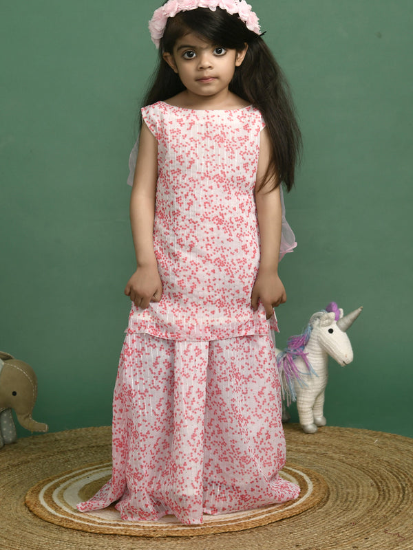 Girls White Polka Dot Sequin Kurta and Skirt Set