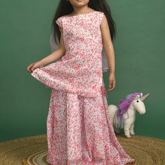 Girls White Polka Dot Sequin Kurta and Skirt Set