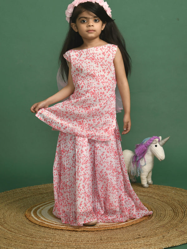 Girls White Polka Dot Sequin Kurta and Skirt Set