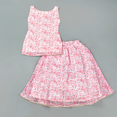 Girls White Polka Dot Sequin Kurta and Skirt Set