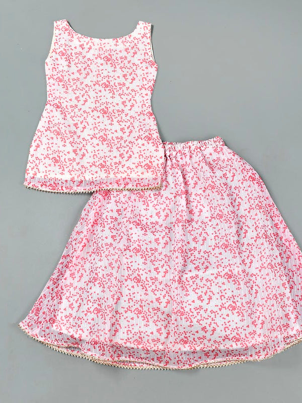 Girls White Polka Dot Sequin Kurta and Skirt Set