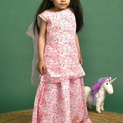 Girls White Polka Dot Sequin Kurta and Skirt Set