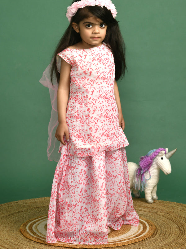Girls White Polka Dot Sequin Kurta and Skirt Set