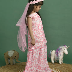 Girls White Polka Dot Sequin Kurta and Skirt Set
