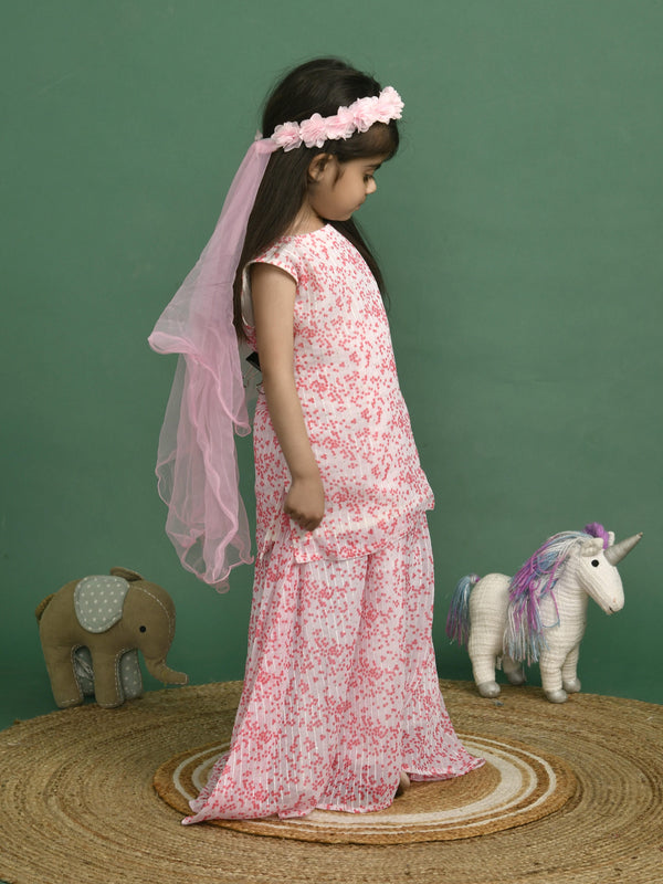 Girls White Polka Dot Sequin Kurta and Skirt Set