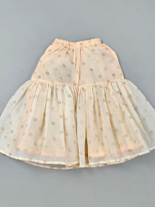 Girls Beige Floral Kota Doriya Kurta and Sharara Set