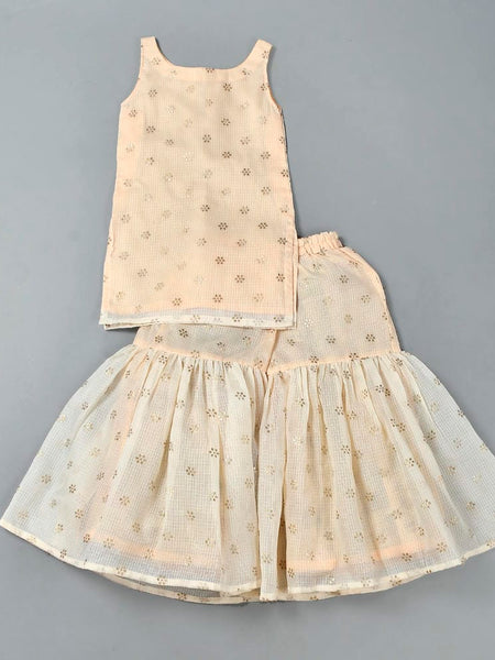 Girls Beige Floral Kota Doriya Kurta and Sharara Set