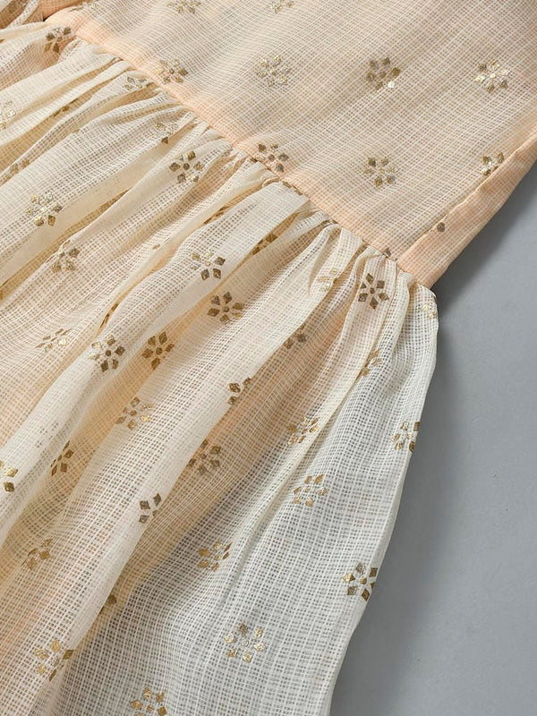 Girls Beige Floral Kota Doriya Kurta and Sharara Set