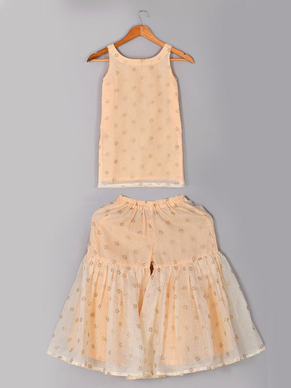 Girls Beige Floral Kota Doriya Kurta and Sharara Set