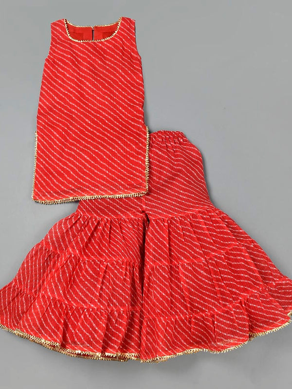 Girls Red Leheriya Kurta and Gharara Set with Gota