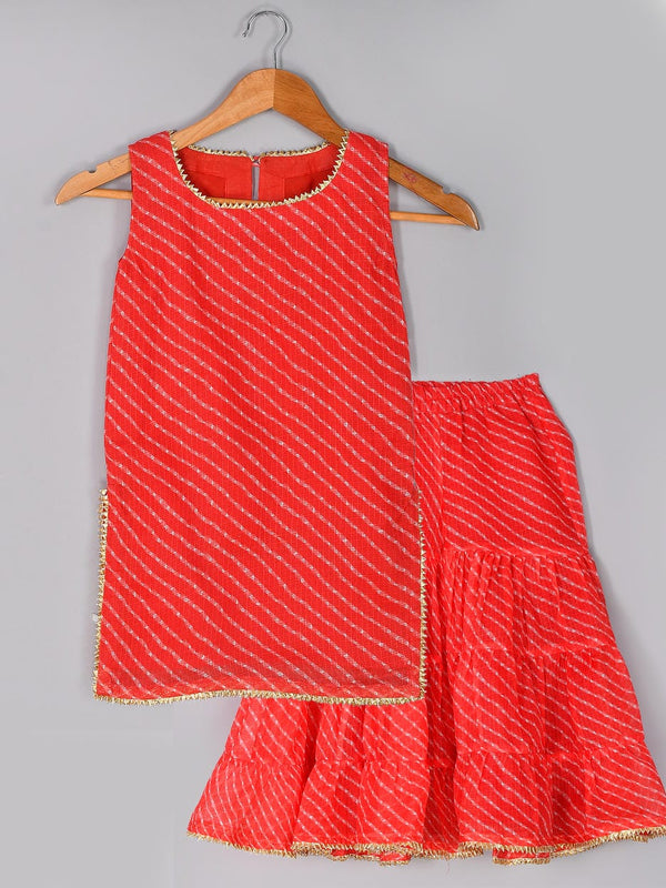 Girls Red Leheriya Kurta and Gharara Set with Gota