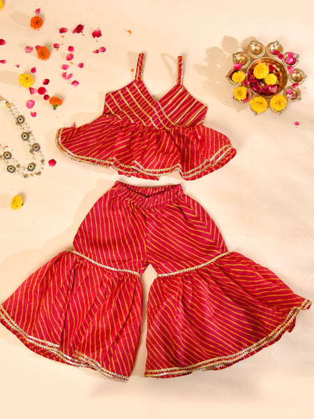 Kids Red & Yellow Cotton Kota Kurta Sharara Set