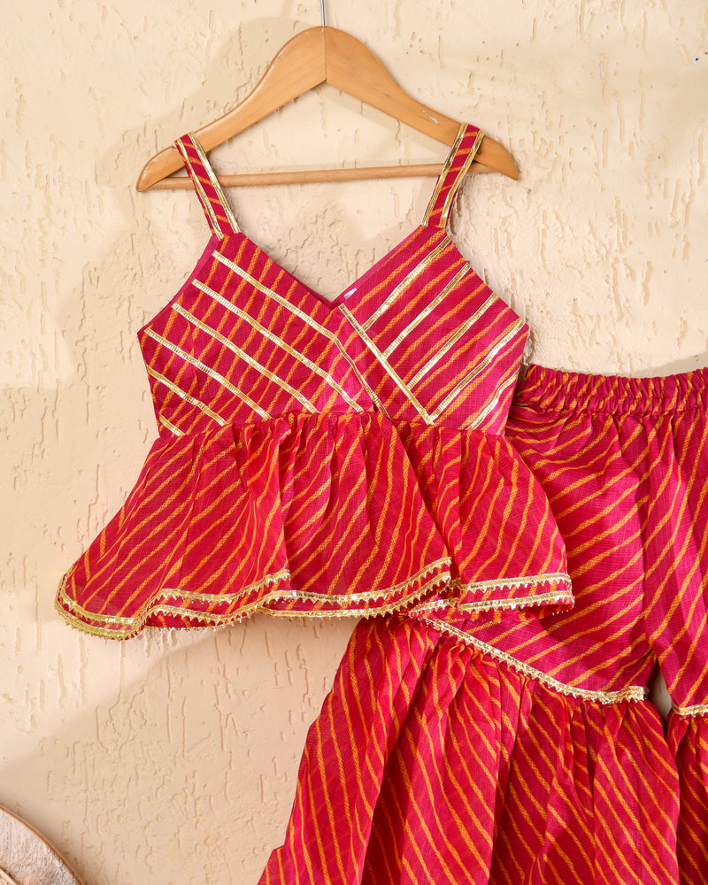 Kids Red & Yellow Cotton Kota Kurta Sharara Set