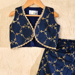 Girls Navy Blue Cotton Kota Co-ord Set