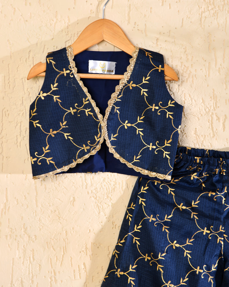 Girls Navy Blue Cotton Kota Co-ord Set