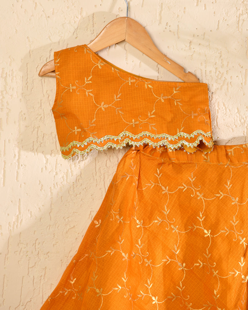 Girls Mustard Yellow Cotton Kota Lehenga Set