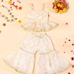 White Cotton Kota Hand Block Printed Peplum Sharara Set