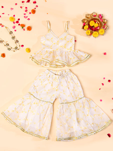White Cotton Kota Hand Block Printed Peplum Sharara Set