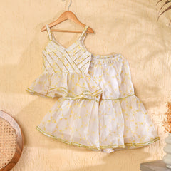 White Cotton Kota Hand Block Printed Peplum Sharara Set