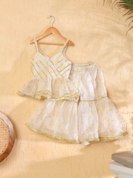White Cotton Kota Hand Block Printed Peplum Sharara Set