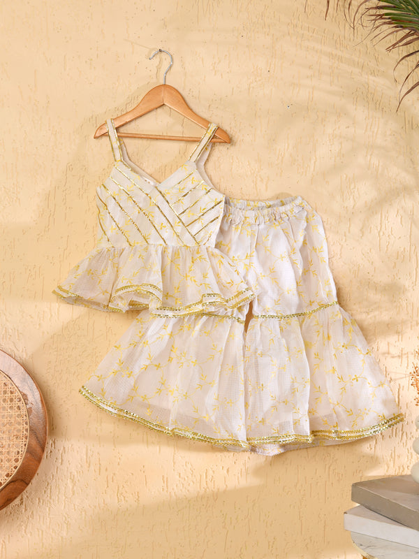 White Cotton Kota Hand Block Printed Peplum Sharara Set