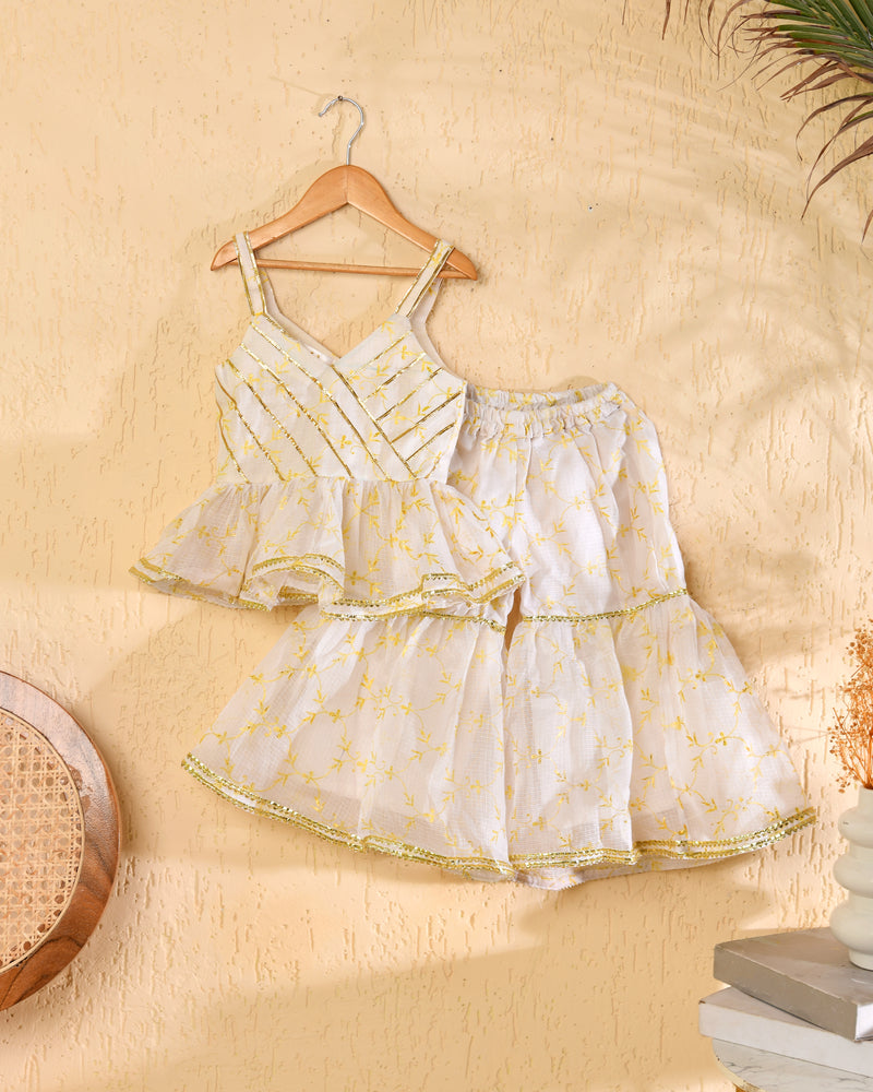 White Cotton Kota Hand Block Printed Peplum Sharara Set