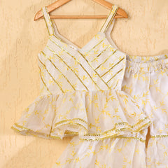 White Cotton Kota Hand Block Printed Peplum Sharara Set