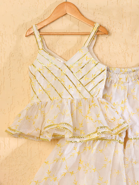 White Cotton Kota Hand Block Printed Peplum Sharara Set