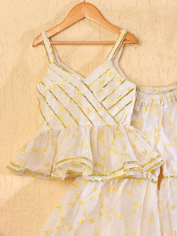 White Cotton Kota Hand Block Printed Peplum Sharara Set